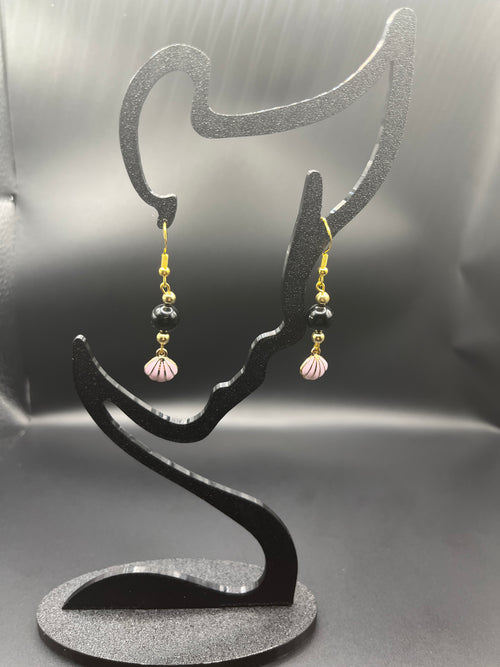 BO pendantes coquillage rose,perle noire