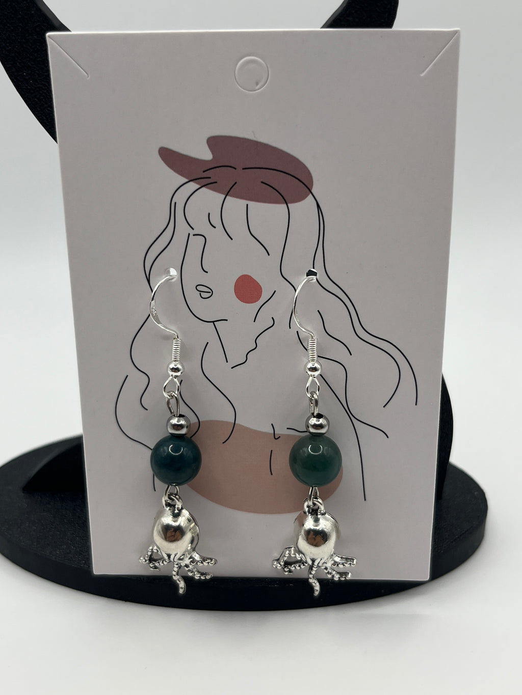 Boucles d'oreilles pieuvre/perle en verre verte