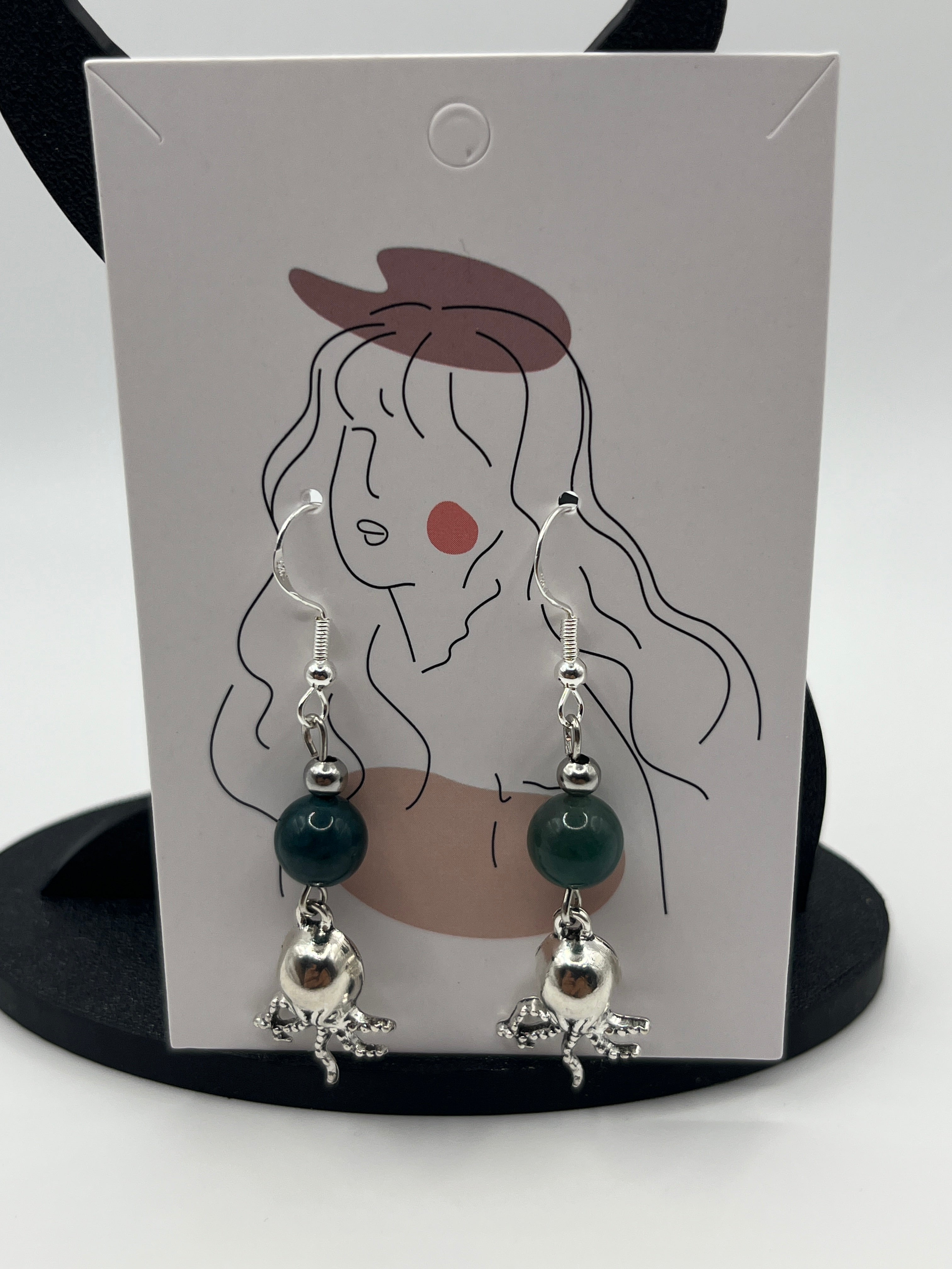 Boucles d'oreilles pieuvre/perle en verre verte