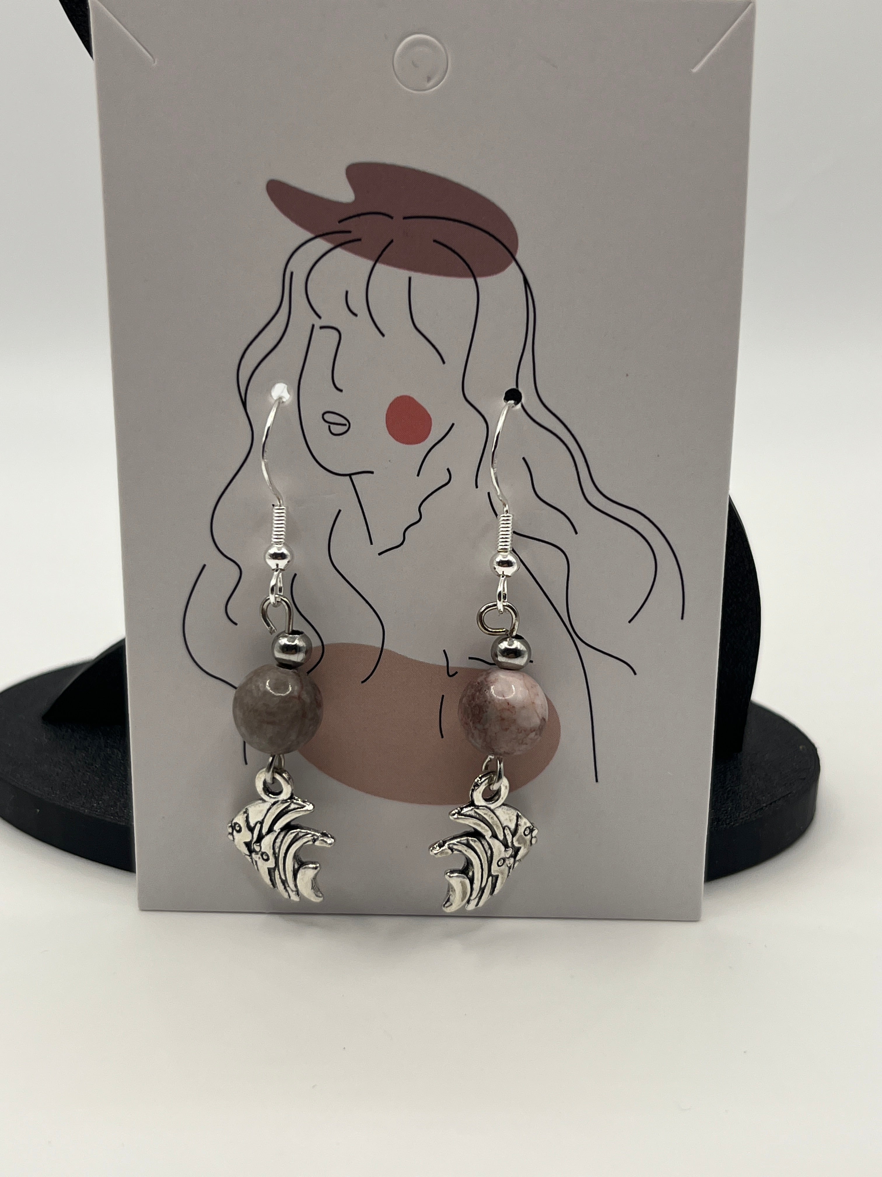Boucles d'oreilles poissons tropicaux/ rhodonite