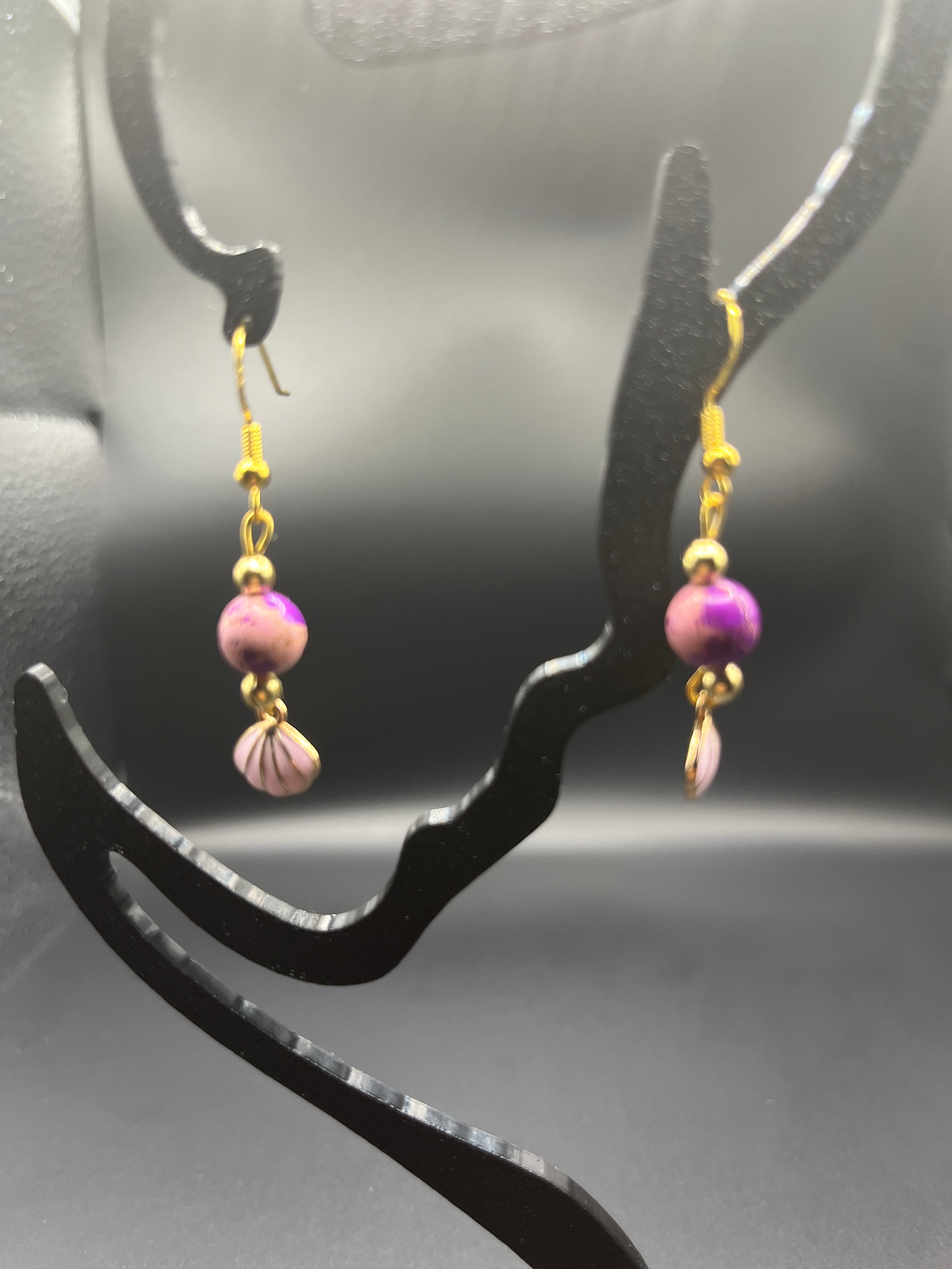 BO pendantes coquillage rose,perle rose/violette